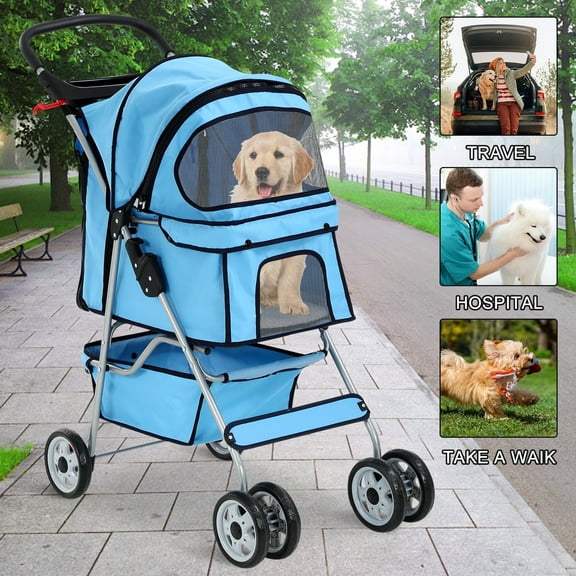 4 Wheels Pet Stroller Foldable Dog Stroller Cat Stroller with Cup Holders& Storage Basket for Small Medium Dogs, Blue