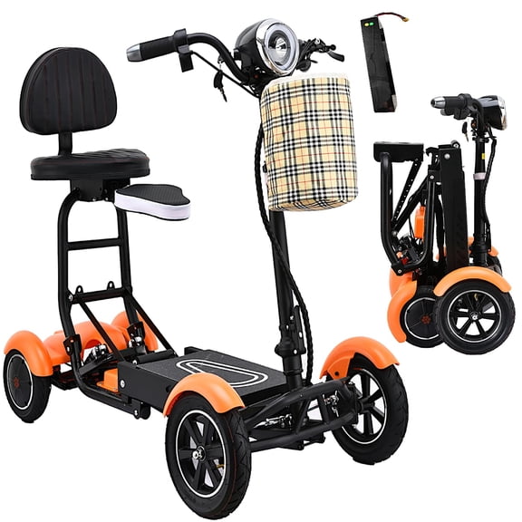 4 Wheels Powerful Double Motors Mobility Scooter for Adults, 72 lb Lightweight Travel-Friendly Scooter w/Child Seat, Travel Up to 12 Miles with 1 Battery - Matte Orange