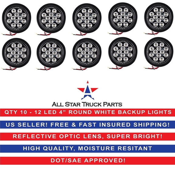 4" White 12 LED Round Backup Reverse Truck Light with Grommet & Pigtail - Qty 10