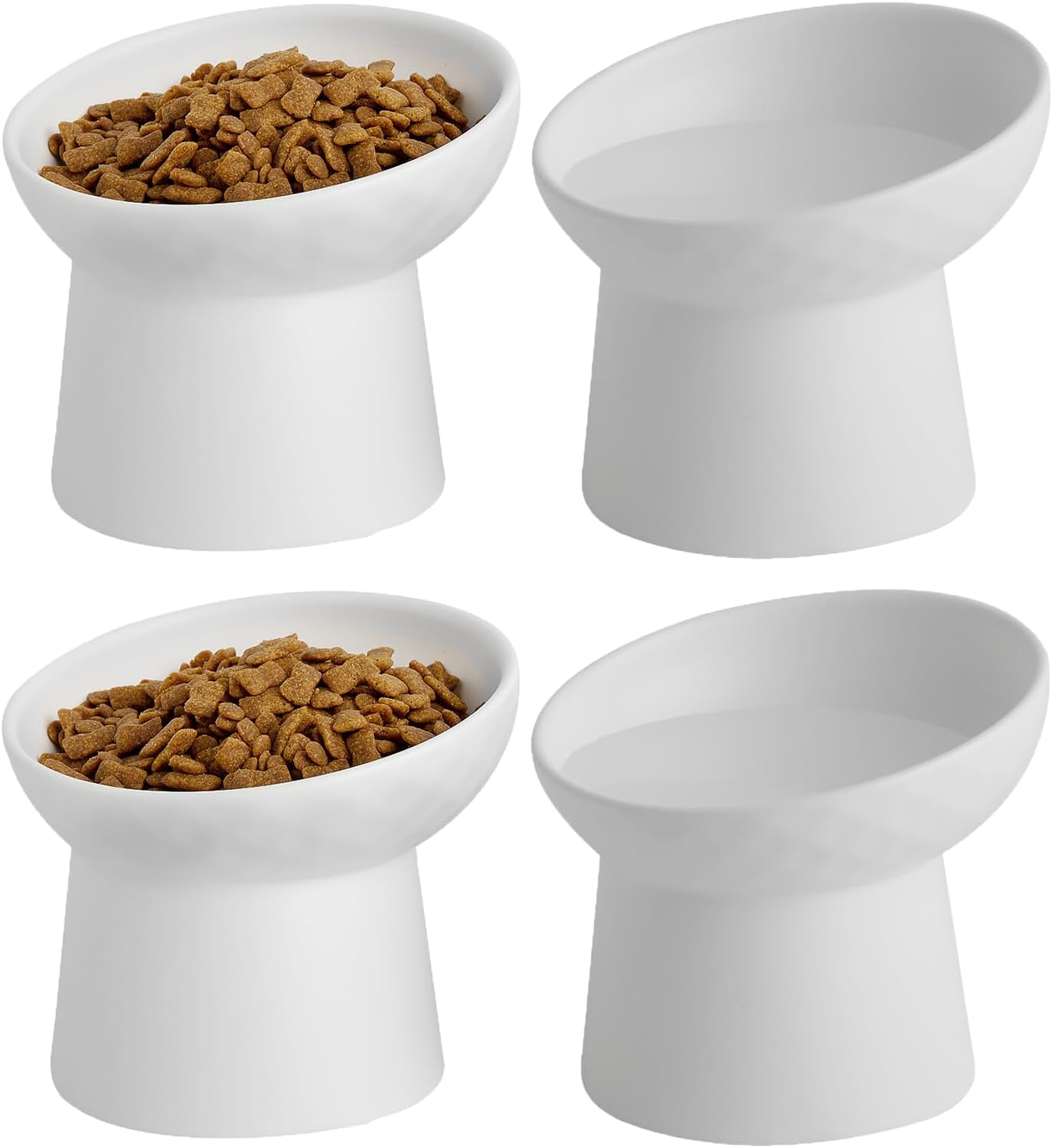 4 White Ceramic Elevated Cat Bowls, Tilted Stress-Free Design for Food or Water, Dishwasher and Microwave Safe, Lead-Free