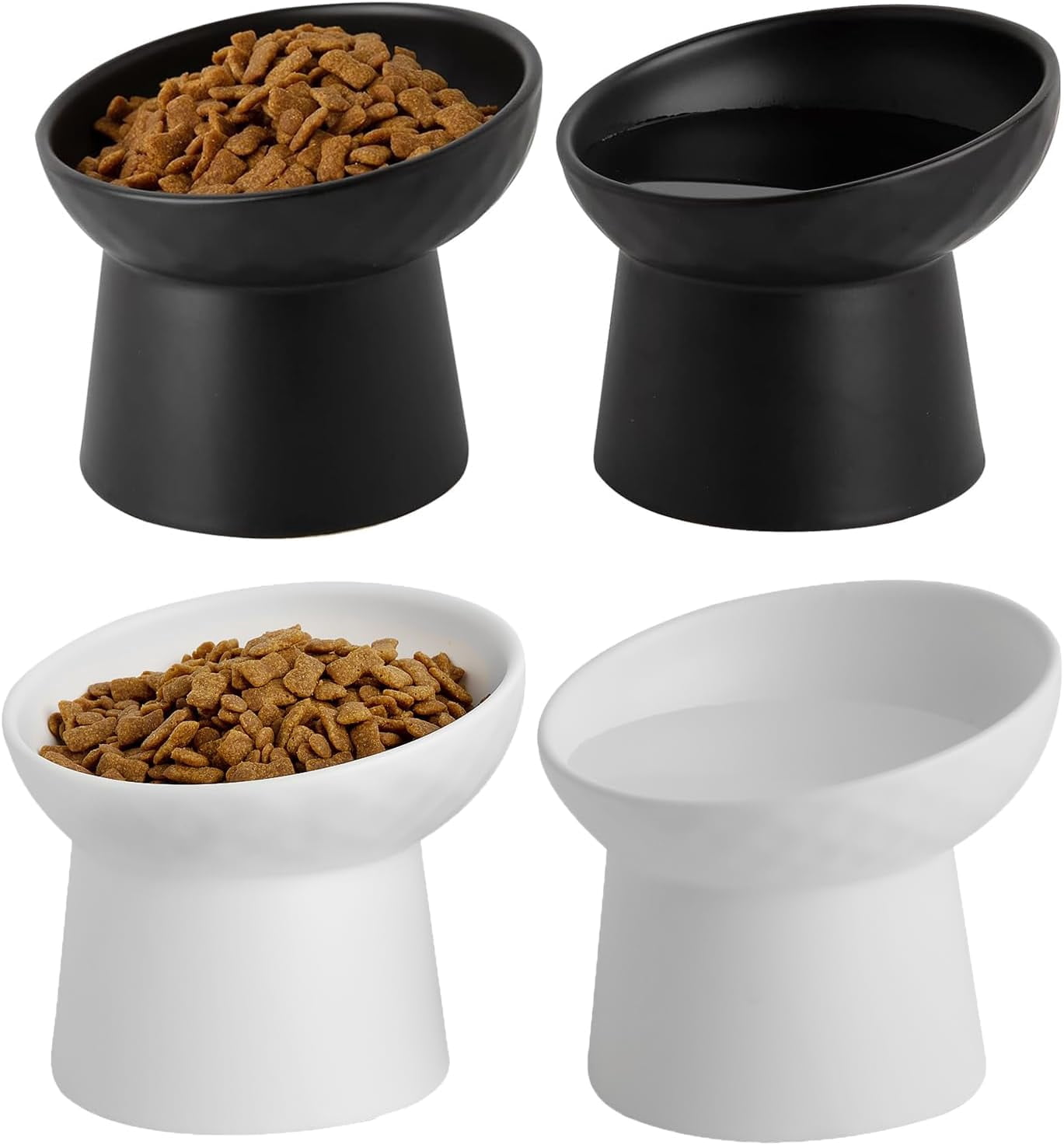 4 White Ceramic Elevated Cat Bowls, Tilted Stress-Free Design for Food or Water, Dishwasher and Microwave Safe, Lead-Free
