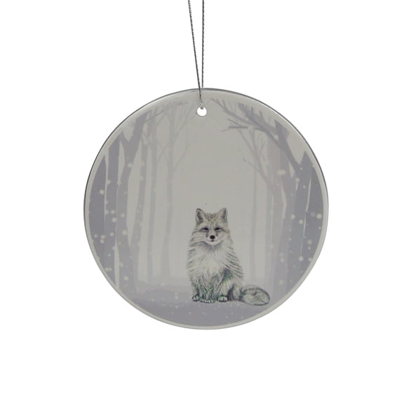 4" White and Silver Arctic Fox Porcelain Disc Christmas Ornament(100mm)