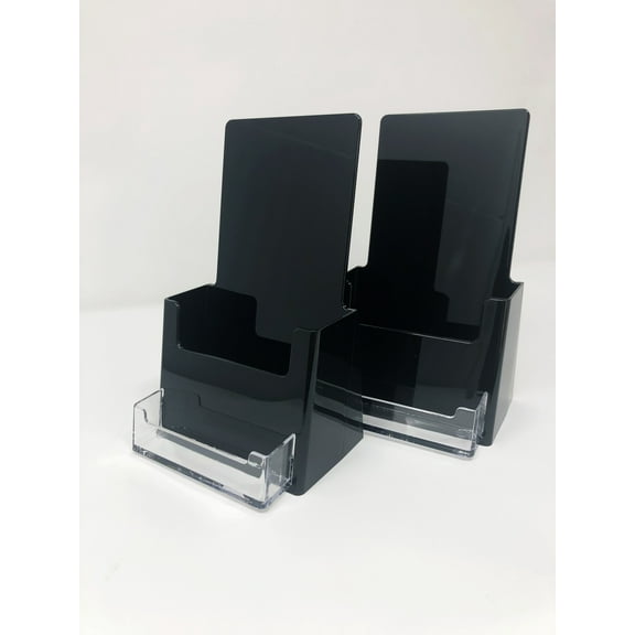 4" Wide Tri-Fold Booklet Brochure with Business Card Holder - Acrylic Counter-top Organizer (Black, Pack of 2)