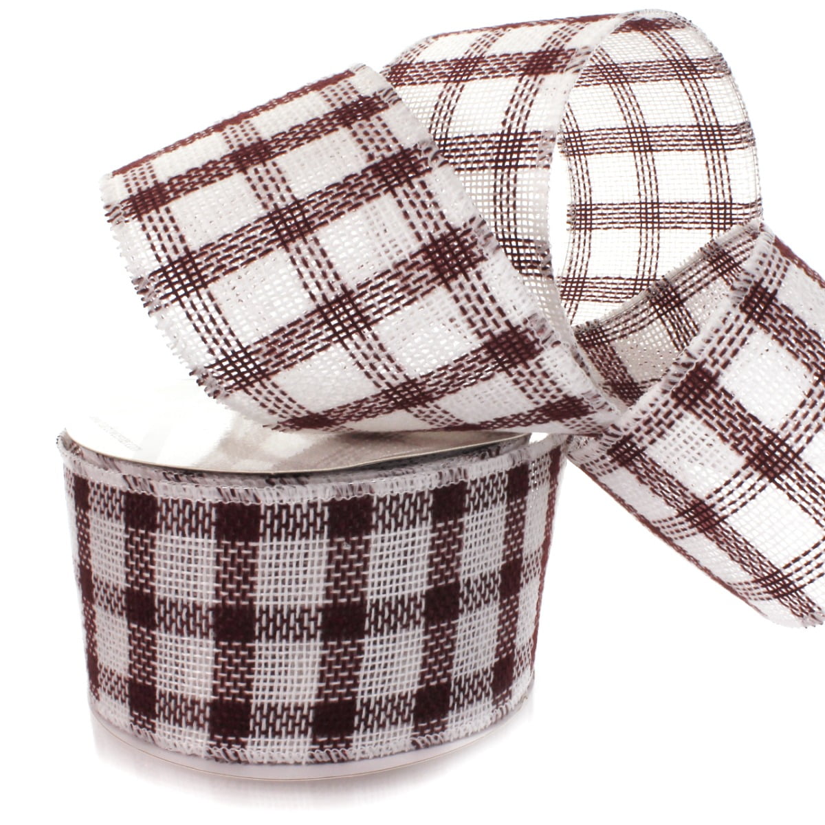 4" Wired Burgundy/White Plaid Burlap Ribbon 25 Yards