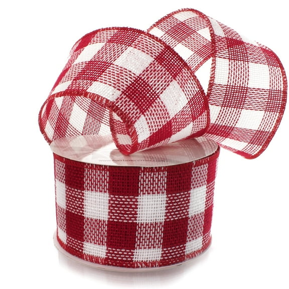4" Wired Red/White Buffalo Plaid Burlap Ribbon 10 Yards