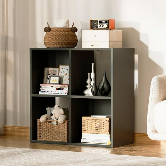 4 Wood Cube Storage Organizer with Open Back and Removable Back Panels, 11In Black Cube Storage Bookshelf, Cubicle Shelf Bookcase for Home Office Bedroom Living Room, Vertical or Horizontal