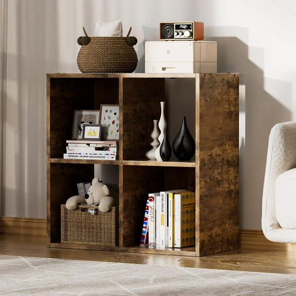 4 Wood Cube Storage Organizer with Open Back and Removable Back Panels, 11In Brown Cube Storage Bookshelf, Cubicle Shelf Bookcase for Home Office Bedroom Living Room, Vertical or Horizontal