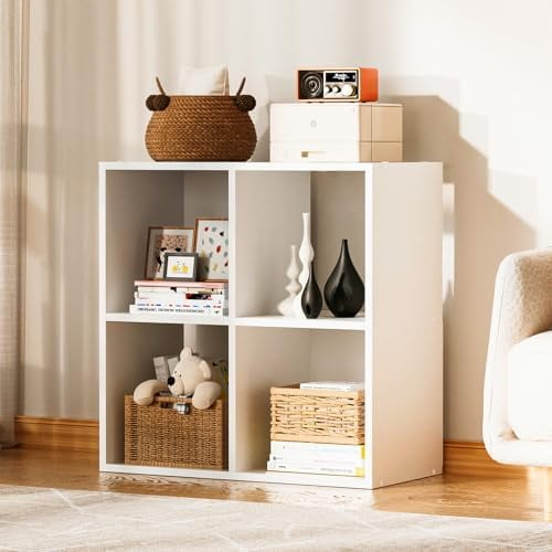 4 Wood Cube Storage Organizer with Open Back and Removable Back Panels, 11In White Cube Storage Bookshelf, Cubicle Shelf Bookcase for Home Office Bedroom Living Room, Vertical or Horizontal