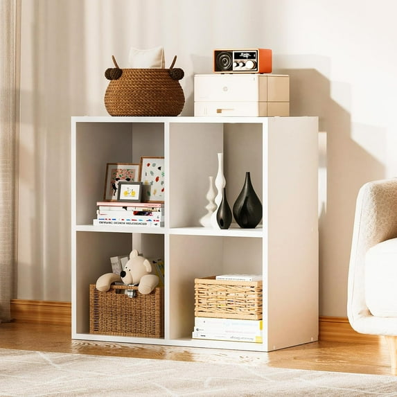4 Wood Cube Storage Organizer with Open Back and Removable Back Panels, 11In White Cube Storage Bookshelf, Cubicle Shelf Bookcase for Home Office Bedroom Living Room, Vertical or Horizontal