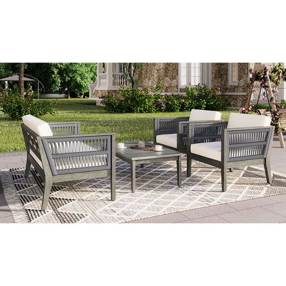 4 Wood Patio Seating Group - Grey & Beige With Comfortable Cushions For Outdoor Spaces Like Garden, Backyard, Porch, Balcony Removable 4 Furniture In Ideal For Quick-drying Fabric