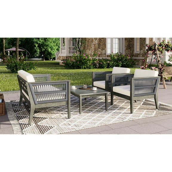 4 Wood Patio Seating Group - Grey & Beige With Comfortable Cushions For Outdoor Spaces Like Garden, Backyard, Porch, Balcony Stable Base Furniture Water-repellent Modern Look