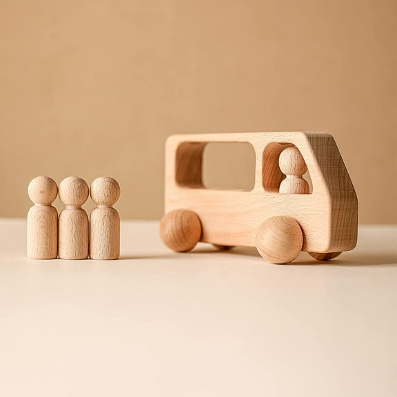 4 Wooden Figures in The Bus - Peg Dolls Unfinished Wooden Peg People Cars Wooden Figures Shape Preschool Learning Educational Toys Montessori Toys for Toddlers