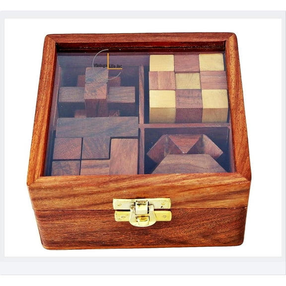 4 Wooden Puzzle Gift Set in A Wood Box - 3D Unique IQ Puzzles