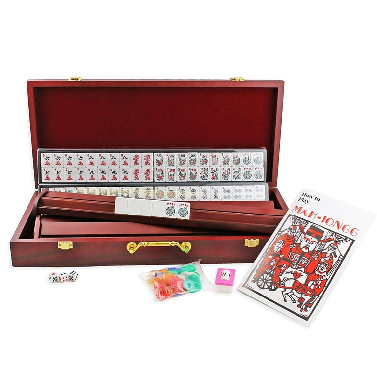 4 Wooden Racks & Pushers + Brand New Complete American Mahjong Set in Wooden Case, 166 Tiles