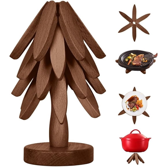 4 Wooden Trivets for Hot Dishes - Charming Wooden Trivet Tree Includes Stand, Handcrafted Walnut for Kitchen Boho Decor, Protects Counter & Table from Hot Pots & Pans (Walnut Color, Set of 4)