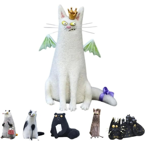 4" Wool Felt Familiars Animal Toys - Adorable Cat & Opossum Stuffed Figures, Charming Room Decor Accents, Perfect Gift for Plush Collectors (C)