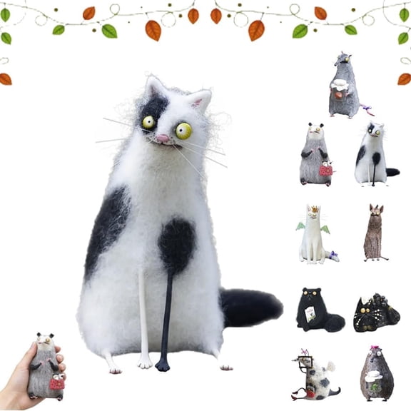 4" Wool Felt Familiars – Quirky Handmade Companions, Anxious Mother Opossum, Funny Black Cat Needle Felt Figurine, Wool Cat Figurines Tabletop Decor, Cute Big-Eyed Panicked Weirdo Gift (A)