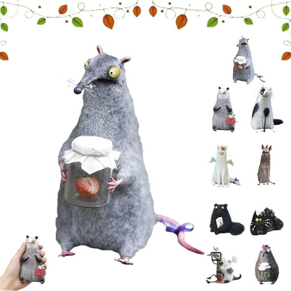 4" Wool Felt Familiars – Quirky Handmade Companions, Anxious Mother Opossum, Funny Black Cat Needle Felt Figurine, Wool Cat Figurines Tabletop Decor, Cute Big-Eyed Panicked Weirdo Gift (Berry Rat)