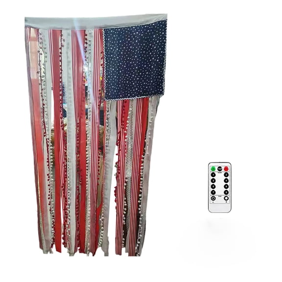 4 X 2.3 Ft Lighted Rag American Flag Banner,Independence Day Fringed Drapery Blue Star Flag,Decorative Hanging String Lights Flag,Independence Day Accessories.(A)