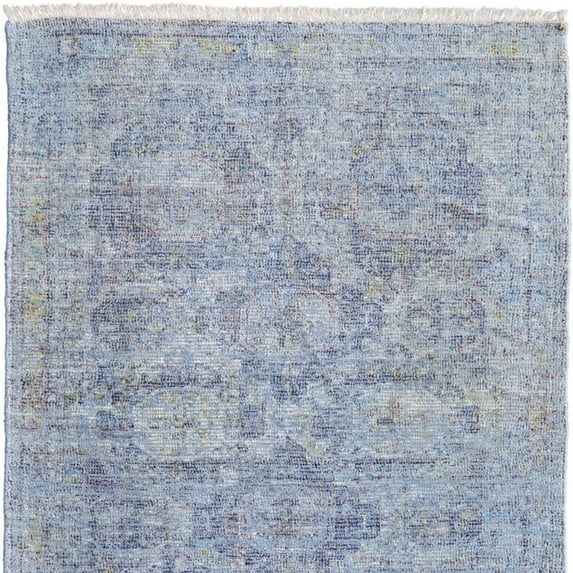 5' X 8' Blue and Ivory Abstract Hand Woven Distressed Area Rug With Fringe