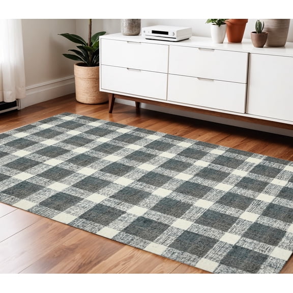 4' X 6' Dark Gray And Ivory Wool Plaid Hand Tufted Area Rug