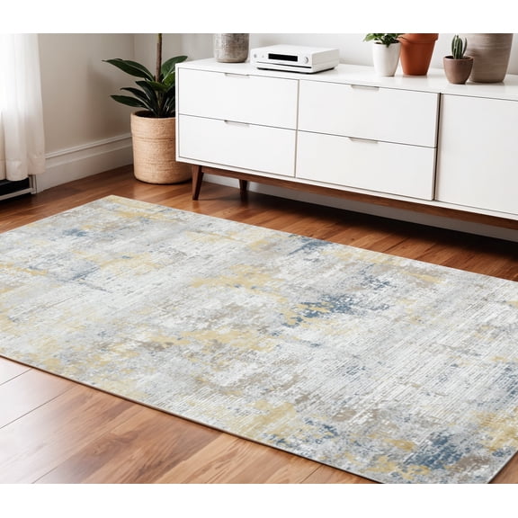 4' X 6' Gold Ivory And Blue Abstract Area Rug
