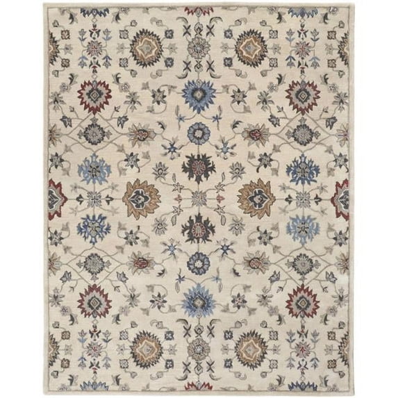 9' X 12' Ivory Blue And Tan Wool Floral Tufted Handmade Stain Resistant Area Rug