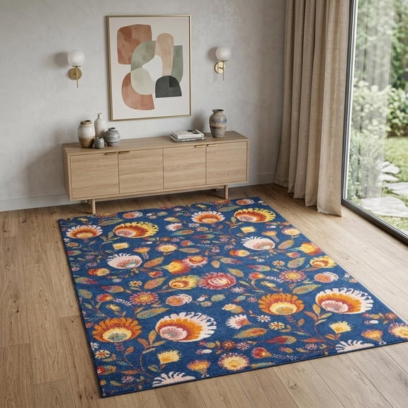 4' X 6' Orange Red And Blue Floral Area Rug