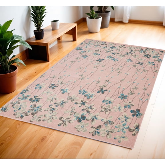 4' X 6' Pink Gray and Blue Botanical Leaves Area Rug
