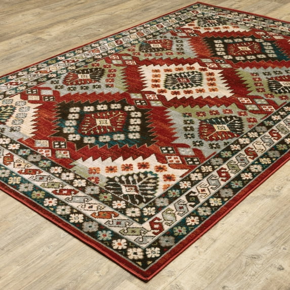 4' X 6' Red Deep Teal Ivory Grey And Green Southwestern Power Loom Stain Resistant Area Rug