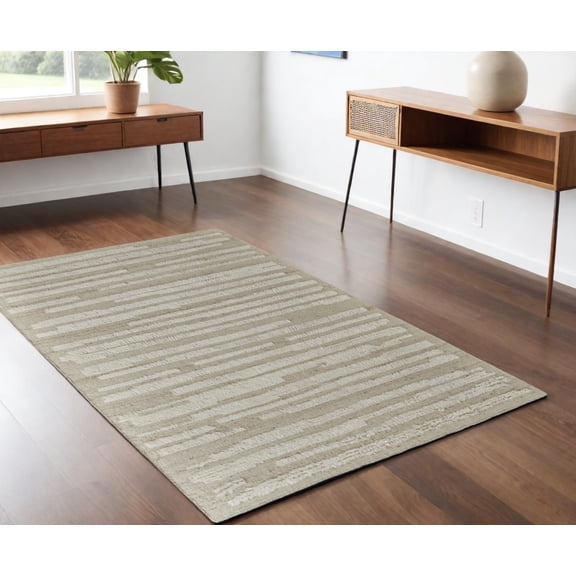 4' X 6' White and Tan Wool Striped Hand Woven Area Rug