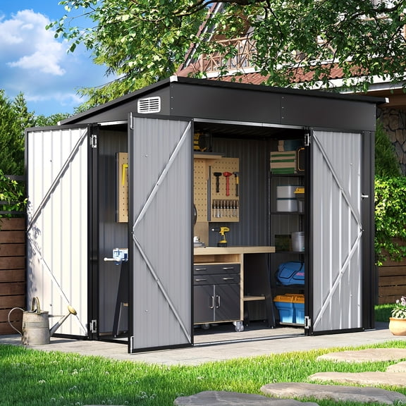 4' X 8' Outdoor Storage Shed With Lockable Triple Doors, Metal Storage Cabinet With Sloped Roof For Tools And Bicycles Ideal For Garden, Patio, And Courtyard.
