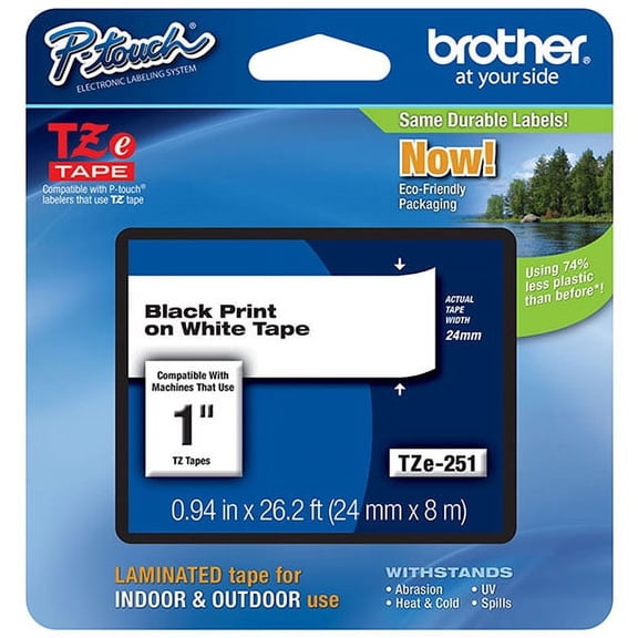 4 X Genuine Brother (TZE251) 1" (24mm) Black on White TZe P-touch Tape. (8m/26.2') (1/Pkg)