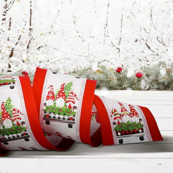 4" X10y Red Back Santa Gnomes Ribbon