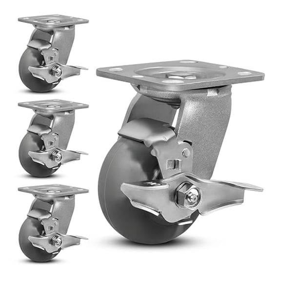 4"X2" Heavy Duty Casters,Crowned Thermoplastic Rubber Caster Wheels,1400lbs Capacity Set of 4,Industrial casters for Drywall/Sheetrock Carts & Dollies, Secure Maneuverability,4 Brake