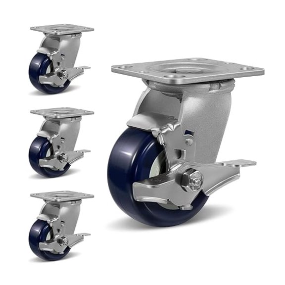 4"X2" Heavy Duty Industrial Casters,Polyurethane on Polypropylene Caster Wheels,4 Brake Caster for Supermarket and Warehouse Flatbed Cart, 2400 lbs Total Capacity-Set of 4