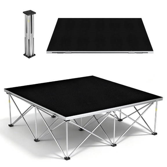 Versatile Black Folding Stage, Easy Setup, Robust Aluminum Platform
