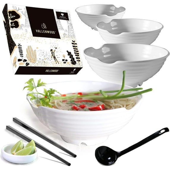 4 XL White Pho Bowls Set 16-Piece Pho Bowl Set for Asian Noodle Dishes 52 oz Restaurant Quality Melamine Bowls