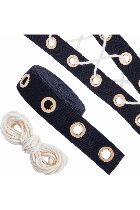 4 Yard Black Grommet Eyelet Tape Eyelet Trim 1"/25mm Wide Cotton Twill Tapes Strip with Golden Metal 0.3"/8mm Hole Ring for Sewing Corset Clothing Includes 10M White Cotton String Threads DIY Black