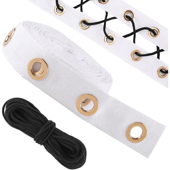 4 Yards Cotton Ribbons with Golden Tone Eyelet Rings for Garment Accessories with 10M Black Cotton String Threads White Ribbon: 1 inch(25mm) Cotton String Threads: 3mm Cotton