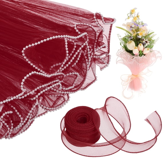 4 Yards Flower Wrapping Mesh Paper Pearl Edge Bouquet Floral Packaging Paper with Organza Ribbon for Valentine's Day Wedding Birthday Florist Supplies, Wine Red