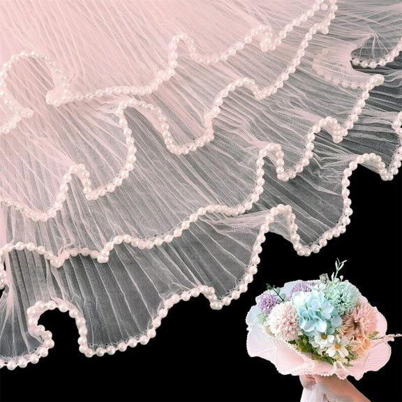 4 Yards Pearl Mesh for Bouquets,Tutuviw Pearl Edge Mesh Paper,Flower Wrapping Net Paper,Wrinkled Translucent Packaging Net Yarn Bouquet for Party Favor Decor Wedding Gift Packaging (Pink)