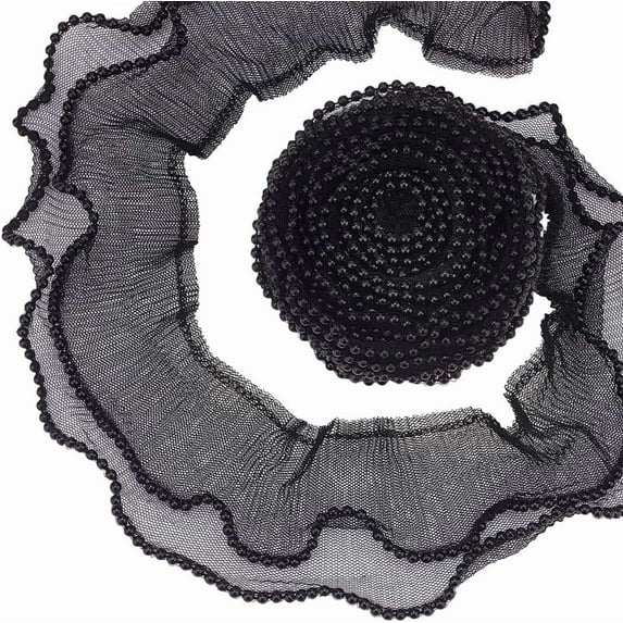4 Yards Ruffle Pleated Trim 2-Layer Elastic Fabric Ribbon 3-1/8 Inch Wide Black Tulle Fabric Applique Ruffled Tulle Lace for Trimming Craft Sewing Dress Collar Cuffs Hat Bag Decor