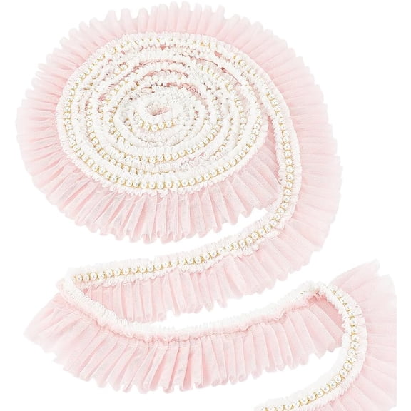 4 Yards Ruffle Trim Ribbon - 2-3/8 Inch Wide Pink Pleated Tulle Lace with Pearl Beads - Decorative Pleated Lace Ribbon for DIY