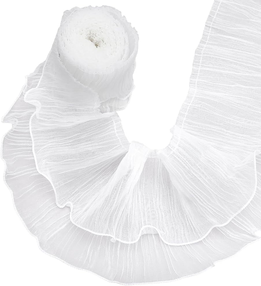 White Ruffle Ribbon Wide 4 Yards White Ruffle Pleated Chiffon Trim 2 Layer Organza Lace Ribbon ...