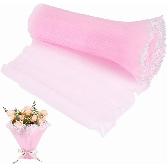 4 Yards x10.63 Inch Pink Flower Wrapping Paper Pearl Edge Bouquet Floral Packaging Mesh Paper Wrinkled Wavy Net Yarn