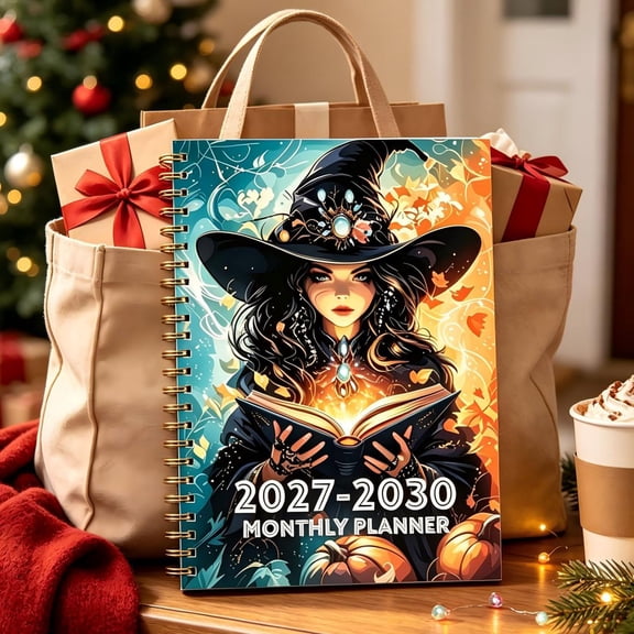 4 Year Monthly Planner 2027-2030,Coil Bound Calendar Journal with Witch Pattern Cover,Long Term Goal Organizer Notebook,5.5x8.3 Inch