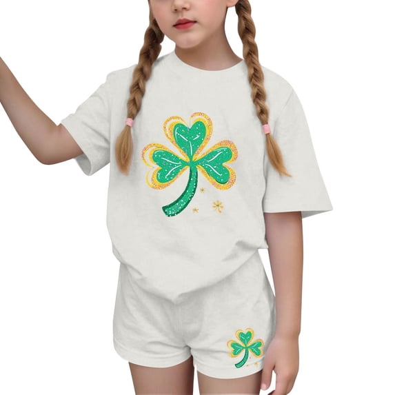 4 Year Old Girl Clothes Sets Girls Summer Outfits 2 Piece Sets Casua Children's St. Patrick's Day Printed Short Sleeve Round-Neck Blouses Two-Piece Set for Kids(4-16 Years)