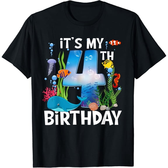 4 Year Old Ocean Life Whale Dolphin Shark 4Th Birthday T-Shirt