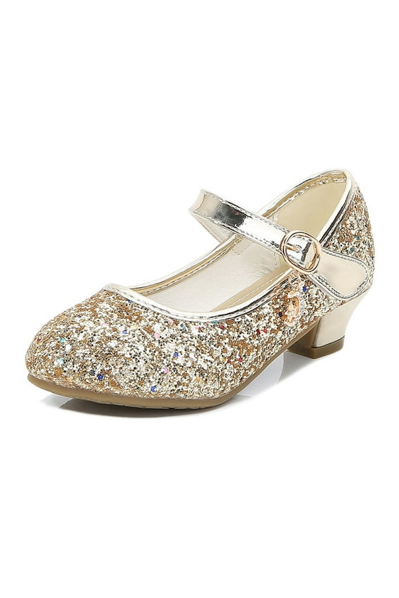 4 Years Girls Dress Shoes Low Heel Princess Flats Mary Jane Flower Wedding Party Glitter Shoes for Kids Toddler Gold
